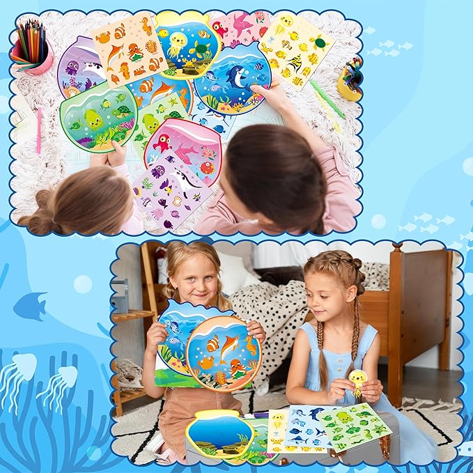 CY2SIDE 12 Sets Colorful Sorting Ocean Animal Scene Sticker Art Craft for Kids, Make A Summer Fish Tank Scene with Shark Tropical Stickers, DIY Summer Party Games for School Classroom Activities