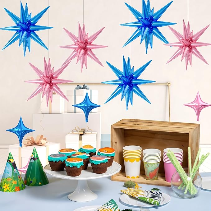 18 Pcs Pink Blue Star Balloons, Blue and Pink Balloon with 6 Pcs 22-Inch Explosion Star Balloons 12Pcs 10-Inch Four Pointed Stars Foil Balloon for Wedding Baby Shower Birthday Party Decoration