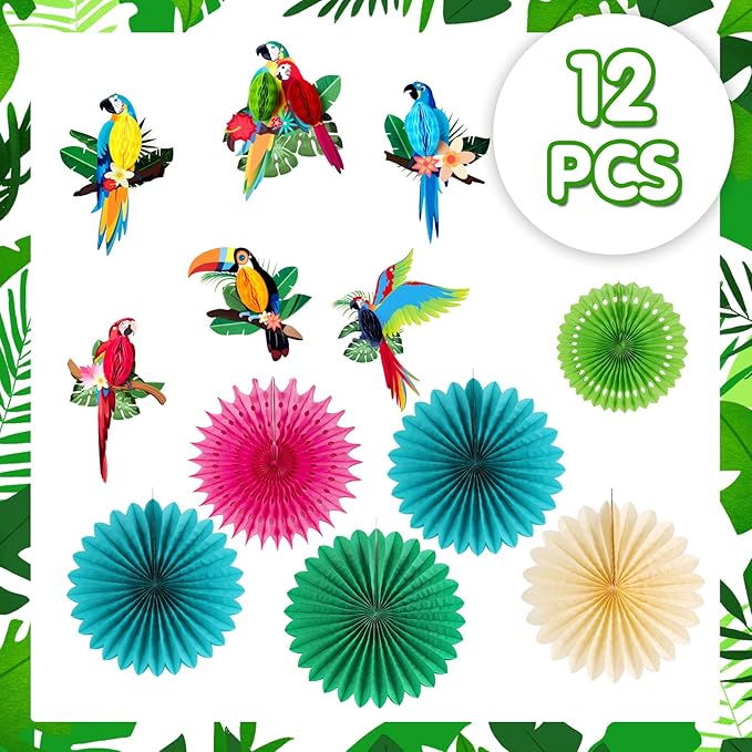 Tropical Parrot Party Decorations, Green Teal Jungle Theme Decorations for Summer Hawaiian Luau Tiki Party Supplies Hanging Tissue Paper Fans Honeycomb Balls Poms.
