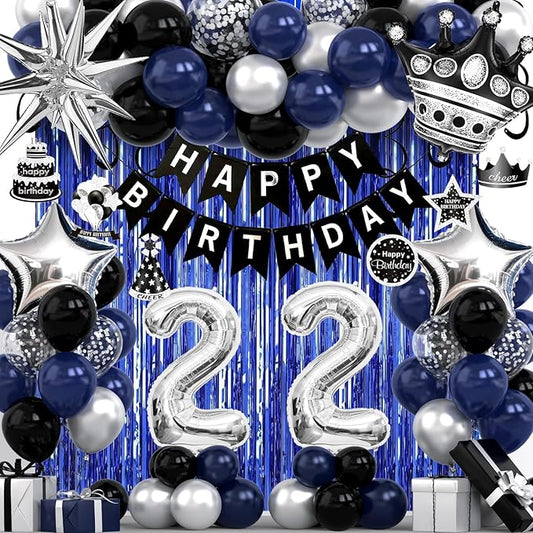22nd Birthday Decorations for Men and Women, Black Blue Silver Happy Birthday Number 22 Balloons, Banner, Fringe Curtains Garland Kit - 22 Year Old Party Supplies