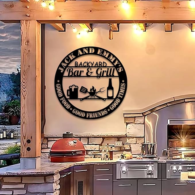 Custom Backyard Bar & Grill Metal Sign, Personalized Outdoor Kitchen Wall Art, Rustic BBQ Plaque with Good Food Good Friends Good Times Quote, Patio Barbecue Decor Gift for Dad Husband Family