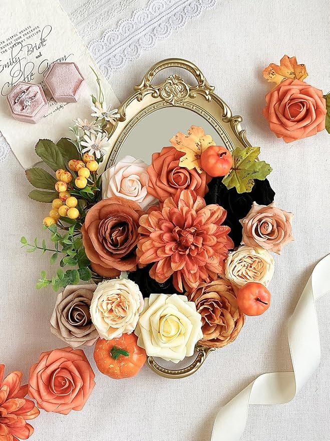 Roses Artificial Flowers Fall Orange Black Bouquet Box Set for DIY Halloween Wreath Autumn Wedding Bridal Shower Decorations Party Table Centerpieces Fake Floral Arrangement Home Decor Indoor