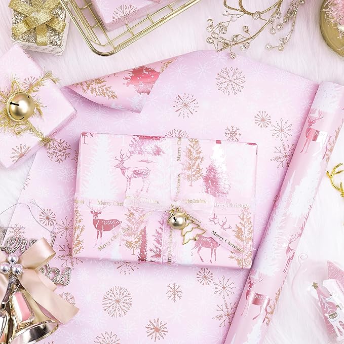 RUSPEPA 30" X 32.8' Reversible Christmas Wrapping Paper Large Paper Roll, Jumbo Roll, Rose Gold Foil Pink Reindeer and Tree Design, Snowflakes Gift Wrap for Girls, Women, Friends, Xmas Holiday Gifts