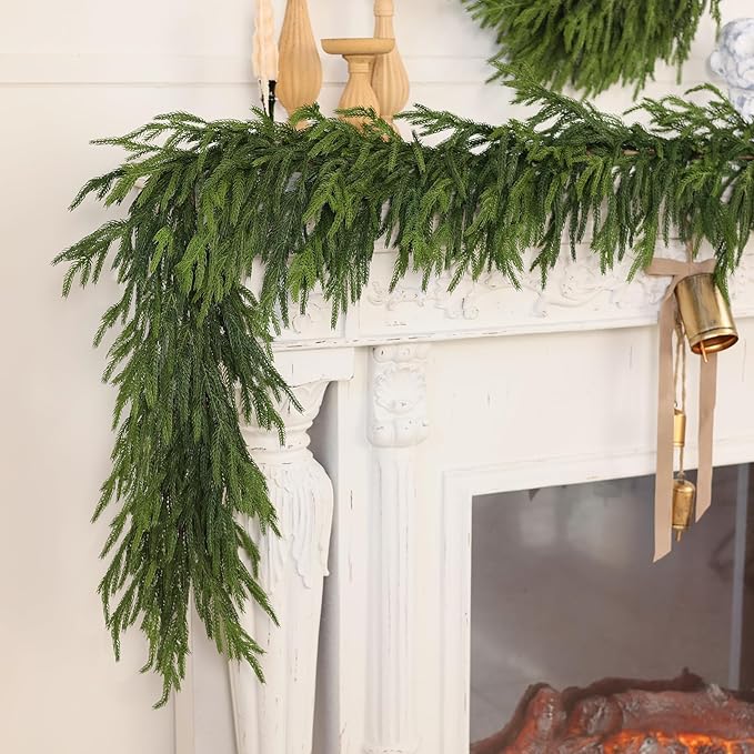 9FT Real Touch Norfolk Pine Garland - Artificial Christmas Garland Fake Green Faux Pine Needles Garland for Table Fireplace Mantle Holiday Home Indoor Outdoor Decor (2PCS)