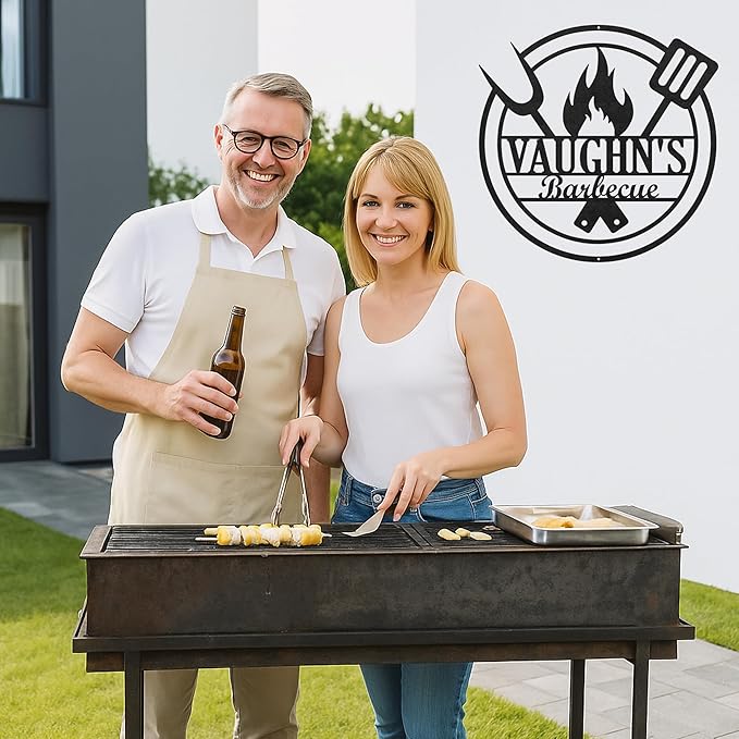 Custom BBQ Metal Sign Personalized Grill Name Wall Art for Outdoor Kitchen Patio Backyard Decor Fathers Gift for Dad Grandpa Husband Barbecue Smoker Area Sign, Grilling Lover Gifts 17