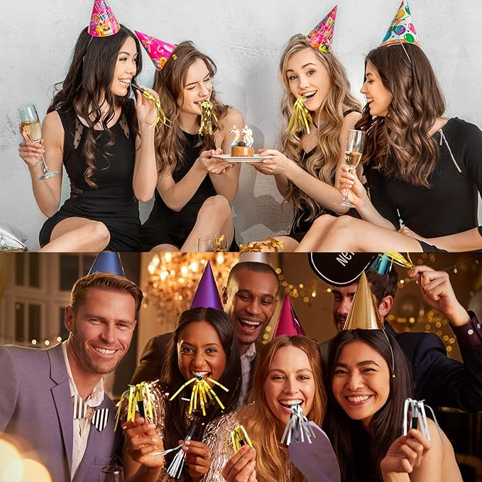 200 Pcs Party Blowers Noise Makers Horns Blowout Clappers Noisemakers for Halloween Christmas Birthday Sporting New Year's Eve Party Supplies 2026(Black Gold, Black Silver)