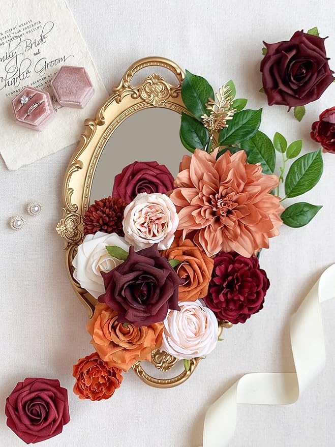 Roses Artificial Flowers Orange Bouquet Box Set Fake Flower with Stems for DIY Bridal Wedding Shower Decorations Party Table Centerpieces Faux Silk Floral Arrangement for Home Decor Indoor