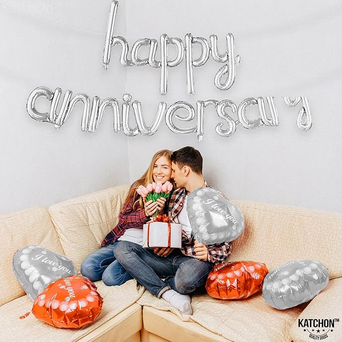 KatchOn Happy Anniversary Balloons - 16 Inch Silver | Banner for Decorations | Cursive Balloon for Party Decorations