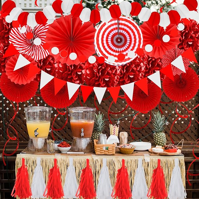 ZERODECO Party Decorations, 41 Pcs Red Papar Fans Pompoms Garlands String Tissue Paper Tassel for Graduation Congrats Grad New Years Spring Festival Wedding Birthday Party