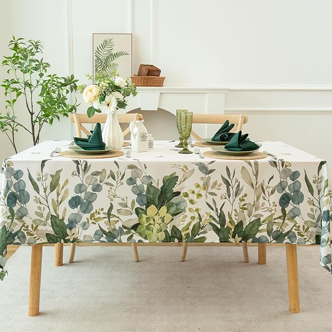 Summer Spring Tablecloth – Waterproof, Stain Resistant, Eucalyptus Floral Design for Dining, Kitchen, Outdoor, Picnic, Easy Clean, Vibrant and Durable Boho Home Decor, W60 x L144