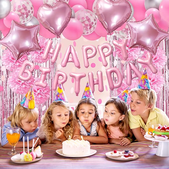 ZERODECO Pink Birthday Party Decorations, Happy Birthday Banner Pompoms Balloons Pink Fringe Curtain Party Décor for Baby Girls Women Party