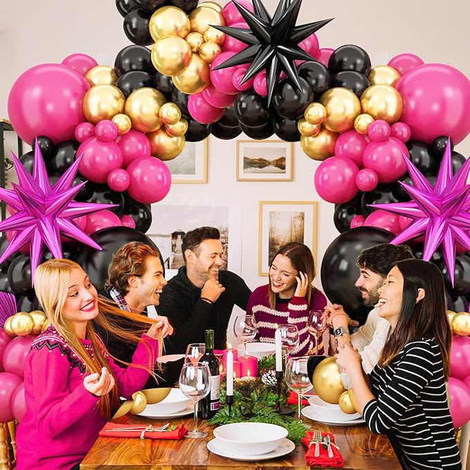 Hot Pink Black Balloon Arch Kit,Balloon Garland with Black Hot Pink Star Foil Balloons Metallic Gold Balloons for Birthday Baby Shower Wedding Engagement Anniversary Party Decorations