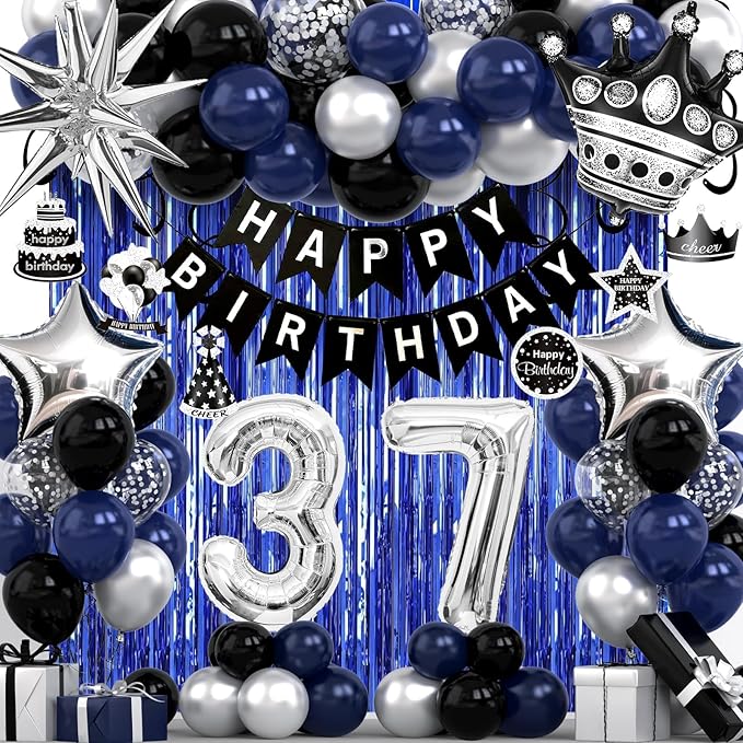 37th Birthday Decorations for Men and Women, Black Blue Silver Happy Birthday Number 37 Balloons, Banner, Fringe Curtains Garland Kit - 37 Year Old Party Supplies