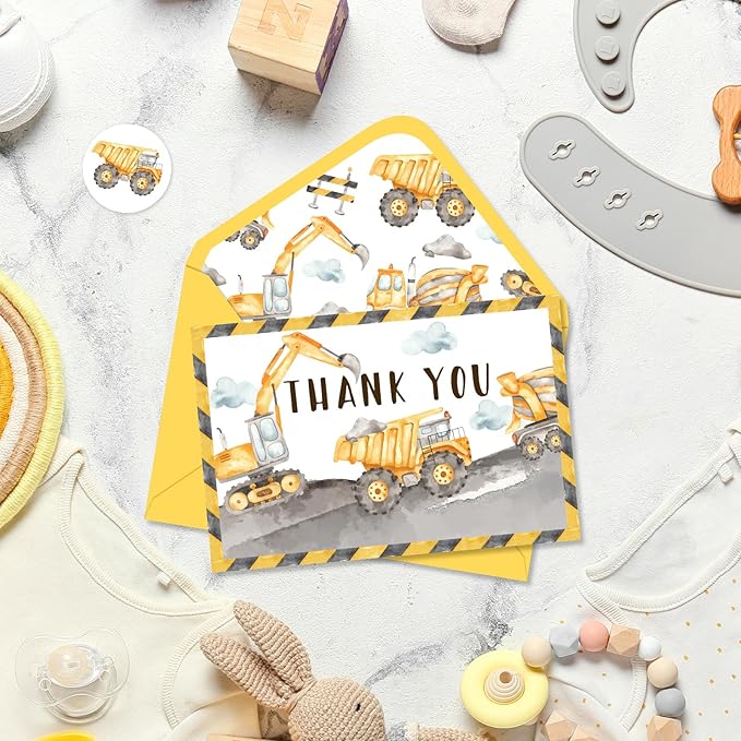Whaline 24 Pcs Construction Thank You Cards Greeting Cards with Envelopes Stickers Yellow Dump Truck Digger Excavator Blank Note Cards for Birthday Baby Shower Party, 4 x 6 Inch