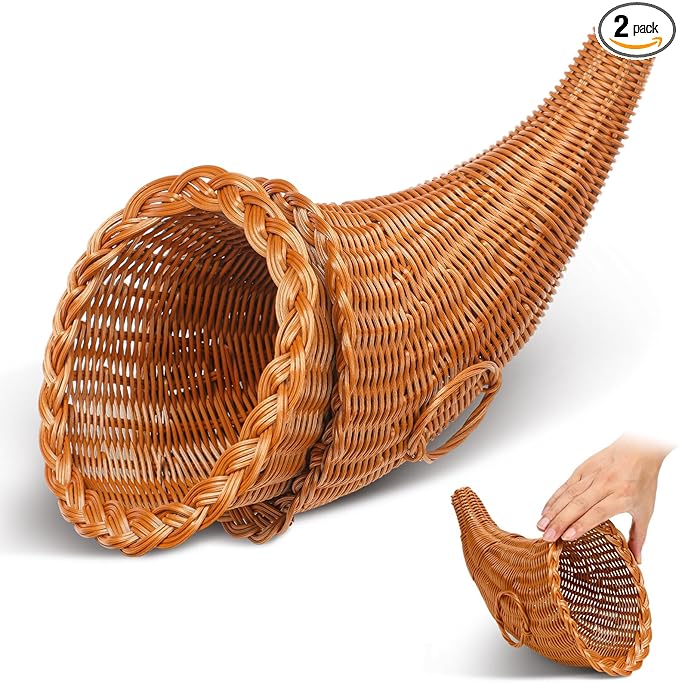 Dandat 2 Pcs Thanksgiving Cornucopia Basket 13.78 Inch Thanksgiving Horn of Plenty Fall Table Decoration Harvest Cornucopia for Autumn Table Centerpieces Fall Party Decorations