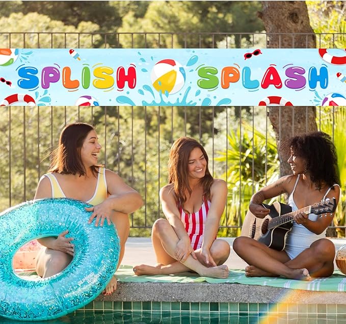 Pool Party Splish Splash Banner, Summer Pool Splish Splash Theme Outdoor Hanging Yard Sign Decor, Splish Splash Party Baby Shower Holiday Supplies (Splish Splash)