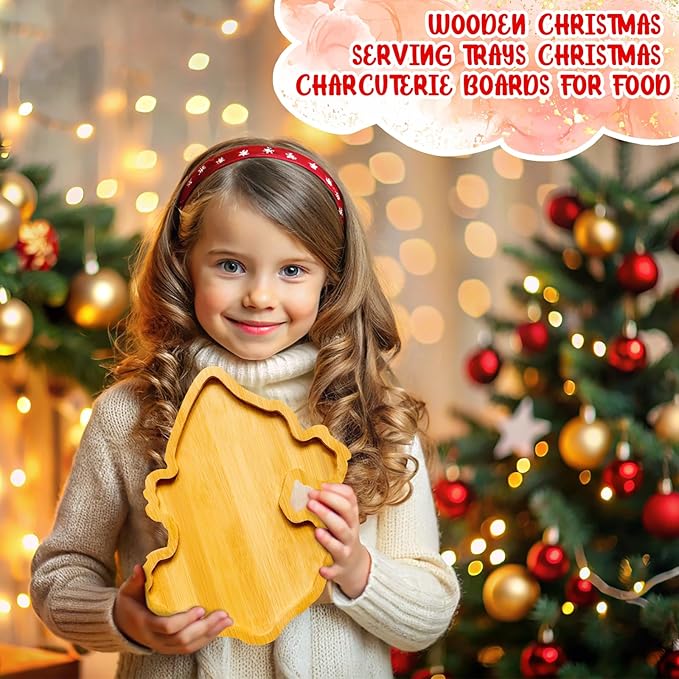 1 PCS Wooden Christmas Serving Trays Christmas Charcuterie Boards for Food Fruit Xmas Serving Platters for 2026 New Year Party Supplies Fillable Holiday Dish Plates for Party Home Tabletop Decoration