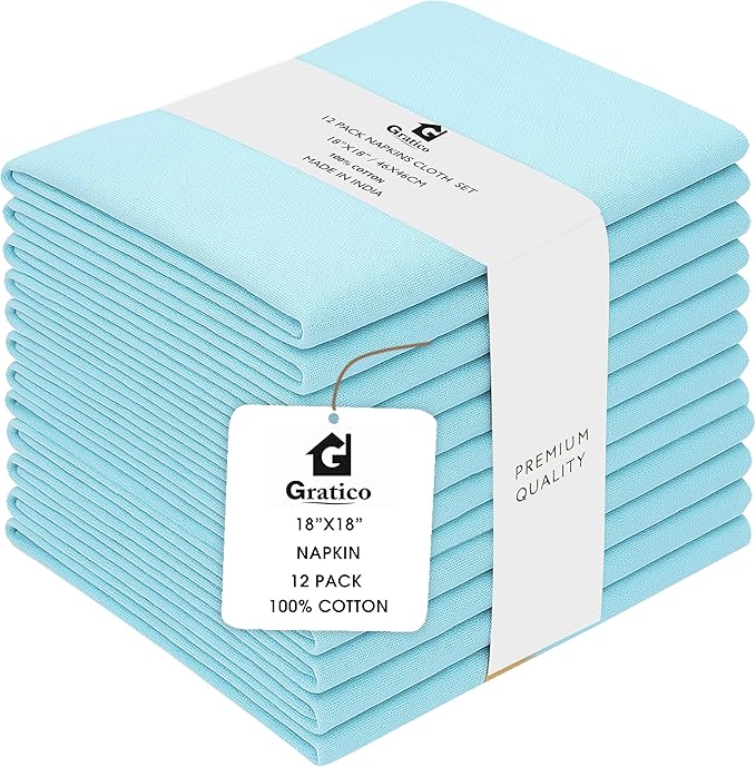 Dinner Cloth Napkins Set of 12, Premium Soft Cotton 18x18 Inches, Highly Absorbent, Hotel Quality Reusable & Washable Dinner Napkins with Mitered Corner Napkins for Home & Weddings - Aqua