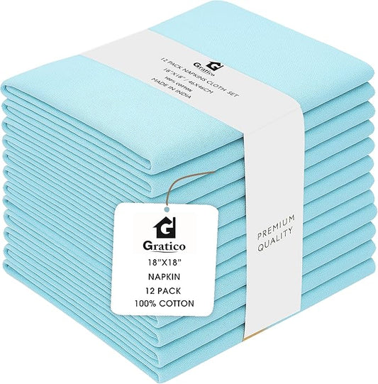 Dinner Cloth Napkins Set of 12, Premium Soft Cotton 18x18 Inches, Highly Absorbent, Hotel Quality Reusable & Washable Dinner Napkins with Mitered Corner Napkins for Home & Weddings - Aqua