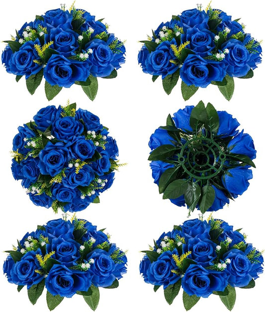 BLOSMON Royal Blue Artificial Flowers: 6 Pcs Fake Roses Flower Ball Centerpieces for Wedding Dinning Table - Faux Silk Kissing Bouquet with Base Floral Arrangement for Home Party Event Decor