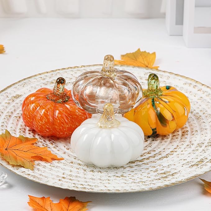 Glass Pumpkin Fall Decor Set – 4 PCS Handblown Pumpkins for Autumn Decorations, Halloween, Thanksgiving, Harvest Table Centerpiece, Mantel Fall Accents