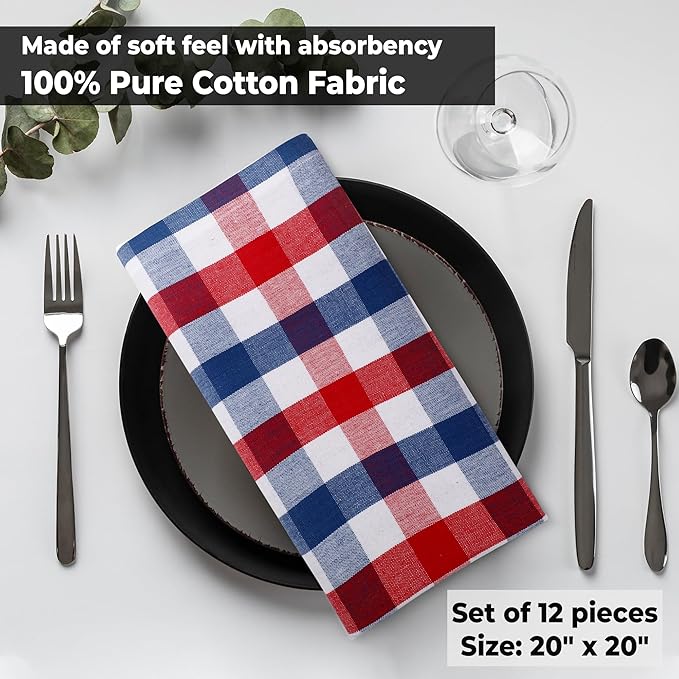 Urban Villa July 4th Cloth Napkins Red/Blue/White Dinner Napkins 100% Cotton (Set of 12) 20x20 Inches Buffalo Checks Highly Absorbent Soft Durable Reusable & Washable Table Dinner Napkins