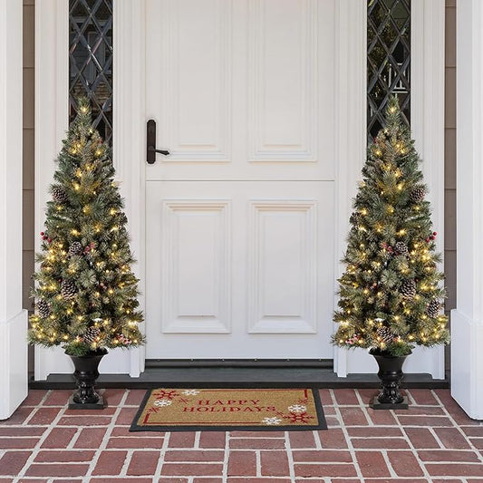 Glitzhome 5ft Prelit Christmas Tree Set of 2, Artificial Flocked Christmas Porch Tree with Lights, 372 PVC & Pine Needle Tips, Red Berries&Pine Cones, Potted Christmas Tree for Enrance Porch Decor