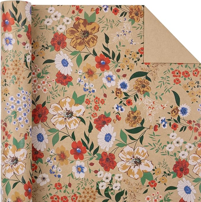 WRAPAHOLIC Kraft Floral Wrapping Paper Roll - Mini Roll - 17 Inch x 33 Feet - All Occasion Flower for Wedding Bridal Shower Birthday