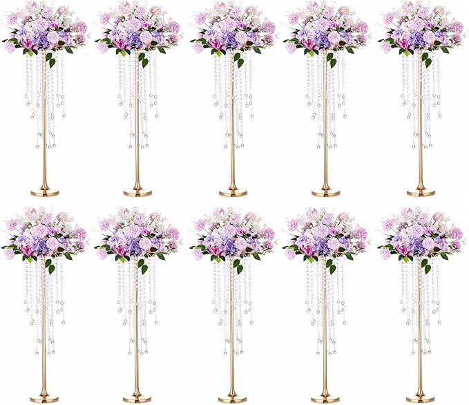 10 Pcs Tall Elegant Wedding Centerpiece Stand, Metal Flower Candle Holder with Chandelier Crystal, 29.5inch Gold Flower Vase,for Wedding Party Birthday Christmas Home Décor