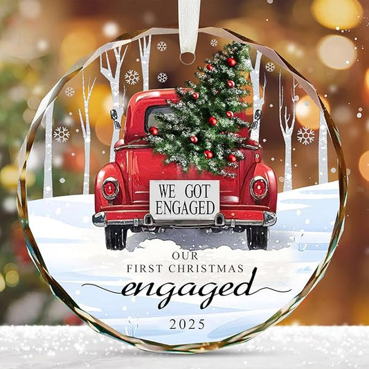 Engagement Gifts for Couples 2025, Our First Christmas Engaged Ornament Crystal Glass Keepsake, Wedding Gifts for Couples Christmas Decorations