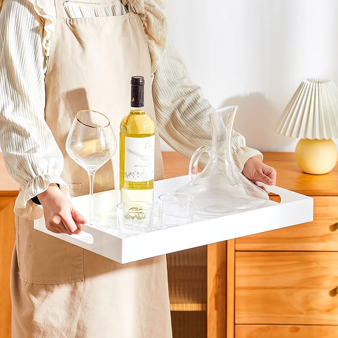 Glossy White Sturdy Acrylic Serving Tray with Handles 12x20x2H Inches -Spill Proof- Decorative Trays Countertop Organizer for Ottoman Coffee Table Nightstand, sidetable, Breakfast, Tea, Food