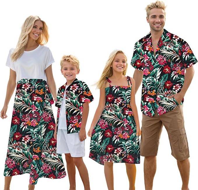 Cromoncent Matching Hawaiian Outfits for Family, Dad and Son Matching Luau Beach Tropical Shirts Mommy Daughter Tropical Sets