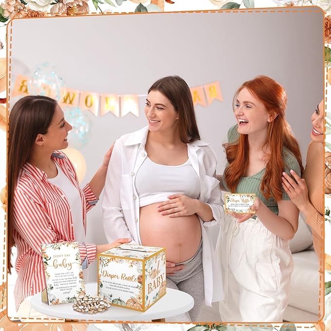 102 Pcs Baby Shower Game Supplies Diaper Raffle Tickets with Diaper Raffle Card Box Don't Say Baby Sign Mini Clothespin Shower Game Decor for Gender Reveal(Little Pumpkin)