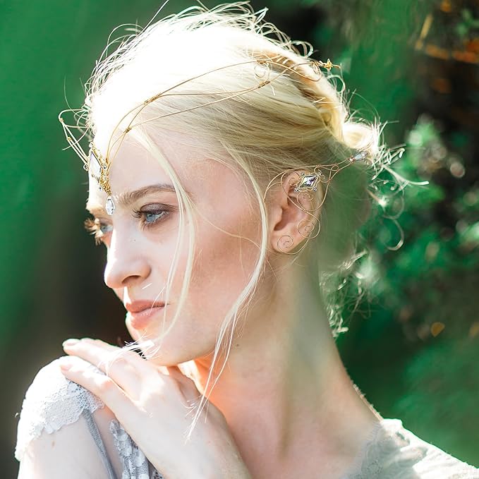 Renaissance Fairy Tale Costume Set - Elf Ear Cuff Earrings Decorative Medieval Fairy Winding Tiara Crown for Cosplay
