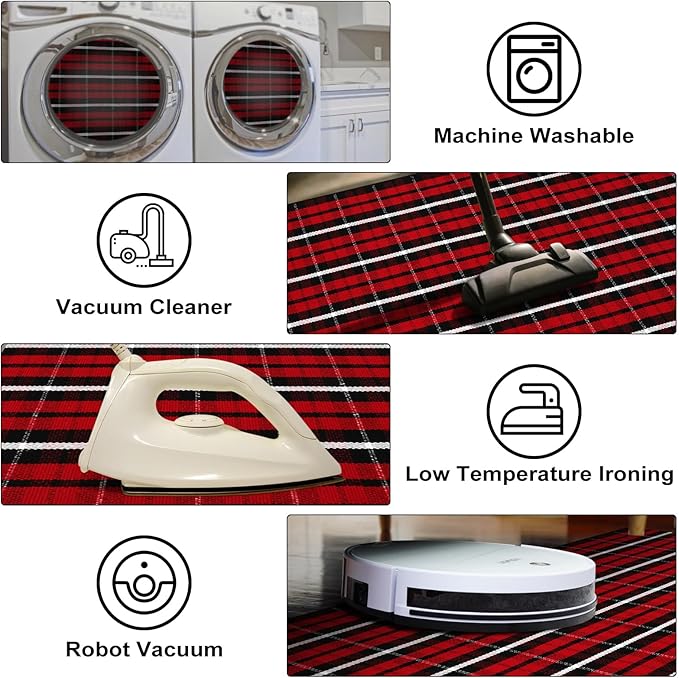 KIMODE Christmas Door Mat Outdoor 24"X51",Red/Black Buffalo Plaid Rug,Washable Cotton Hand-Woven Layered Door Mats,Reversible Outdoor Christmas Decor for Front Porch,Entryway,Kitchen