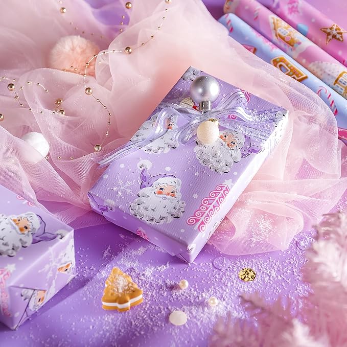 WRAPAHOLIC Christmas Wrapping Paper Set - Pastel Pink Purple Gingerbread House and Santa Wrapping Paper with Embossed Bundle with Gift Bow & Ribbon & Tag & Sticker