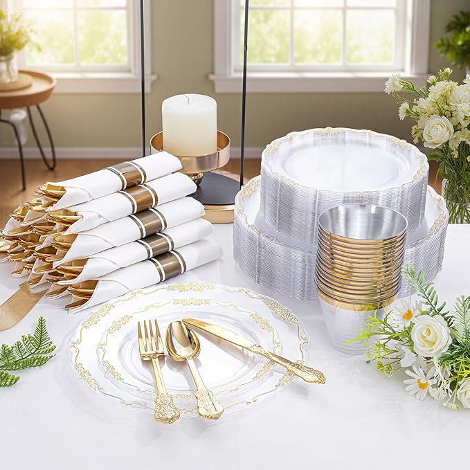 U-QE 350PCS Gold Plastic Plates - Disposable Dinnerware Set for 50 Guests - Clear and Gold Plates and Napkins Party Supplies include 100 Plate, 150 Silverware, 50 Cups, 50 Napkins for Weddings&Party