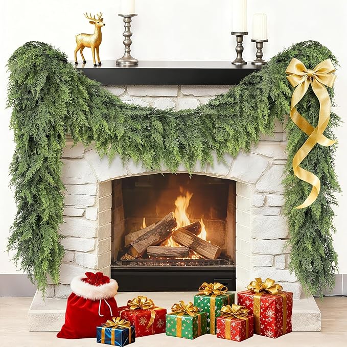 6FT Real Touch Cedar Garland - Artificial Christmas Garlands Faux Green Cedar Fake Pine Needles Garland for Fireplace Table Stair Mantle Window Indoor Outdoor Home Holiday Winter Christmas Decorations