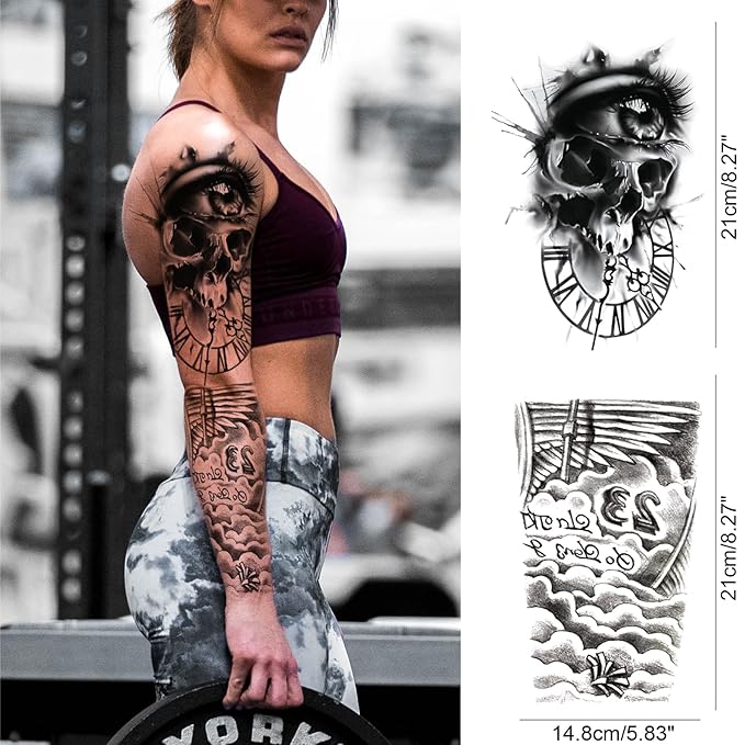 Pirate Skull Temporary Tattoo Sleeves for Men, 4-Sheet Full Arm Large Flower Skeleton Octopus Fake Tattoo Sleeve Adult Women and 4-Sheet Black 3D Anchor Clock Eye Half Temp Tatoo Sticker Leg Body Art