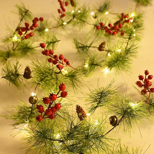 Christmas Garland with LED Fairy Lights Battery Operated Smokey Pine Garlands with 8 Flash Modes and Timer Red Berries Bells Pine Cones Green Garland Rustic Garlands for Xmas Holiday Home