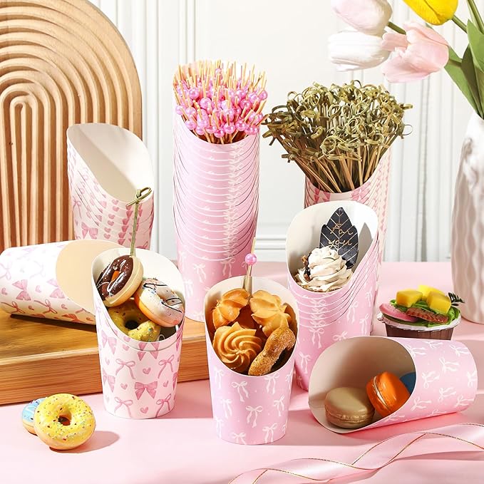 Tioncy 250 Pcs Charcuterie Cups with Cocktail Picks Sets, Bridal Shower Decoration 50 Charcuterie Cups with 200 Sticks for Wedding Baby Shower Floral Boho Witch Party Decorations (Pink,Bow)