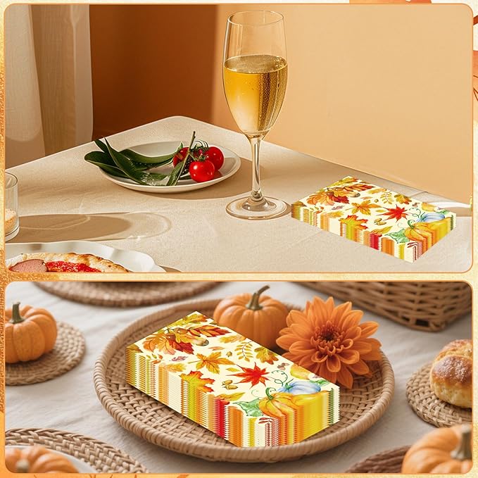 100 Pack Fall Paper Napkins, Autumn Maple Leaves Pumpkin Dinner Party Napkins Disposable Guest Paper Hand Towels Party Supplies for Fall Thanksgiving Harvest Home Dinner Table Bathroom