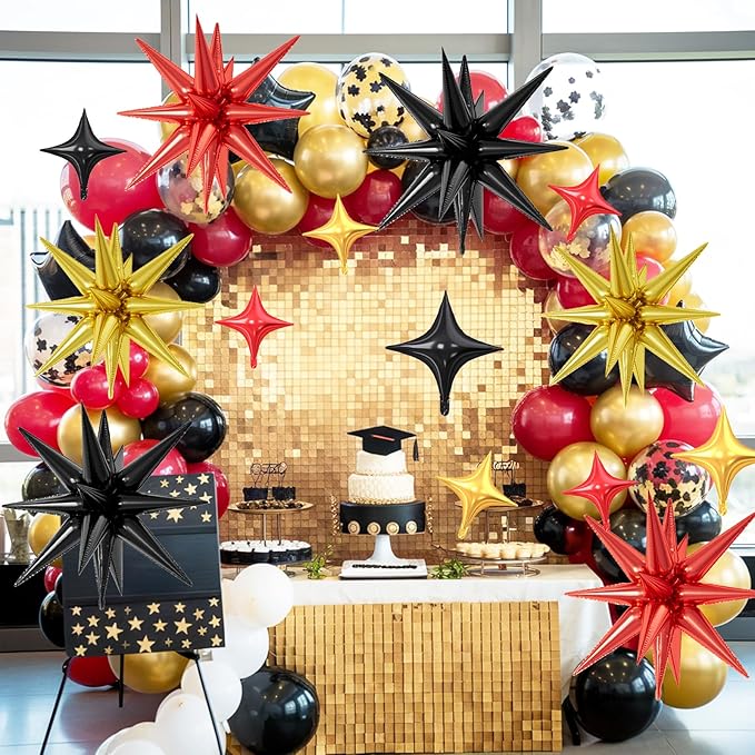 18 Pcs Black Red Star Balloons, Gold Red and Black Balloon with 6 Pcs 22-Inch Explosion Star Balloons 12Pcs 10-Inch Four Pointed Stars Foil Balloon for Kids Race Car Birthday Party Decorations