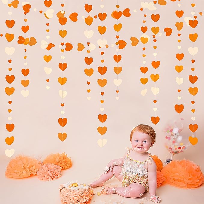 Orange Party Decorations Gradient Orange Heart Garland Hanging Paper Streamer for Fall Autumn Valentines Day Wedding Bridal Shower Birthday Baby Shower Engagement Thanksgiving Harvest Party Supplies