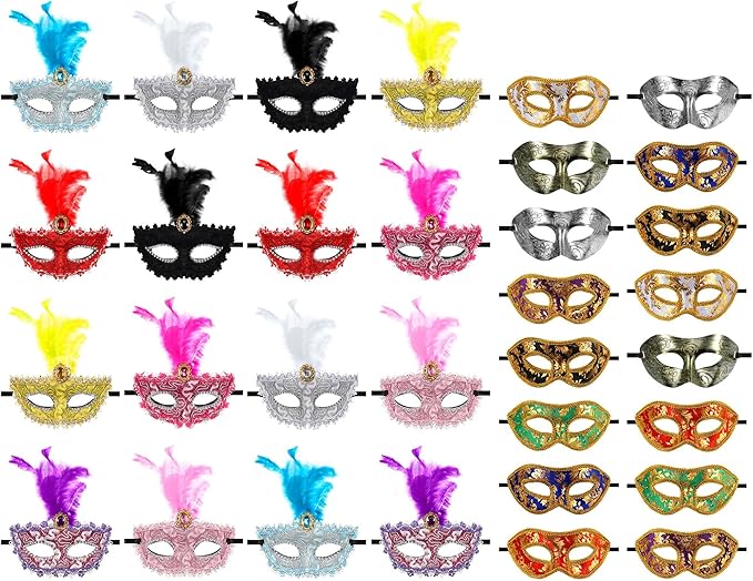 Sratte Couple Masquerade Mask with Feather Flower Unisex Half Face Venetian Mask for Mardi Gras Party