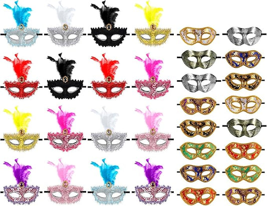 Sratte Couple Masquerade Mask with Feather Flower Unisex Half Face Venetian Mask for Mardi Gras Party
