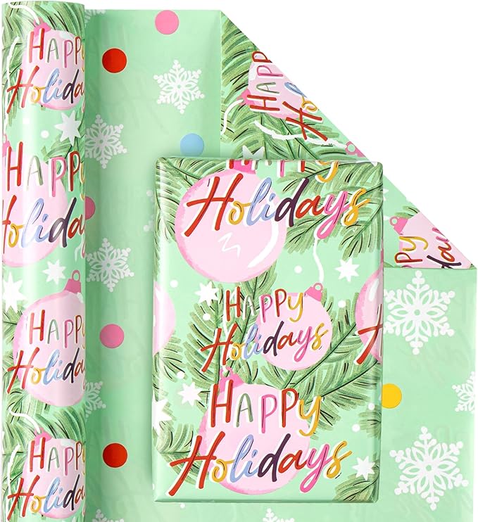 WRAPAHOLIC Reversible Christmas Wrapping Paper - Mini Roll - 17 Inch x 33 Feet - Happy Holiday Lettering with Christmas Ball Design for Holiday, Party Celebration