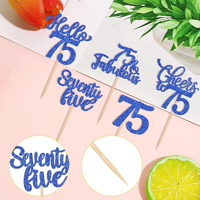 30PCS Happy 75th Birthday Cupcake Toppers Glitter Hello 75 Fabulous Seventy Five Cheers to 75 Years Old Birthday Cupcake Picks for Happy 75th Birthday Anniversary Party Cake Decor Supplies Blue