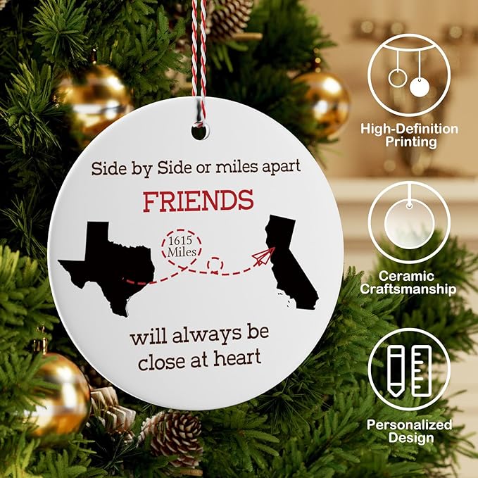 Personalized State Christmas Ornament - Custom Long Distance Gifts for Family Couple Friend Bestie, Customized 2025 Ornament for Those Miles Apart, Close at Heart - Any Two