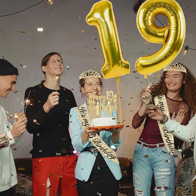 19th Birthday Decorations for Girls Gold with 19th Birthday Tiara and Sash, Cake Topper and Candles, Number Balloons, 19 Year Old Gifts for Girls
